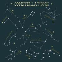 A set of constellations in the night sky. Sequins in the form of zodiacs with names. A cluster of stars on a blue background. Suitable for printing on textiles and paper. Banner on the wall.