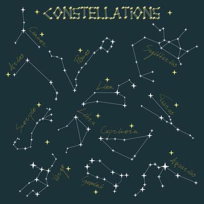 A set of constellations in the night sky. Sequins in the form of zodiacs with names. A cluster of stars on a blue background. Suitable for printing on textiles and paper. Banner on the wall.