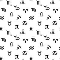 White background with dark elements of zodiac signs. Repetitive seamless pattern for printing on textiles and paper. From bed linen to flyers. vector