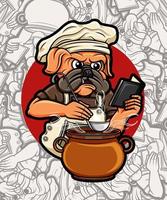 lindo perro chef pug con caldero e ilustración de libro de cocina vector