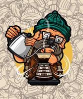 Cute pug dog barista with kettle and hario v60 illustration vector