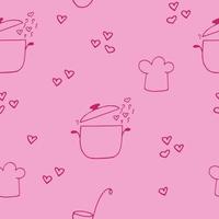 saucepan and steam with hearts, chefs hat, ladle seamless pattern hand drawn in doodle style. wallpaper, background, textile, wrapping paper. scandinavian, simple, minimalism, monochrome vector