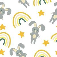 cute rabbit, bunny, Easter, stars and rainbow seamless pattern in trending color. hand drawn. childrens wallpaper, textiles, decor. gray, gold yellow vector