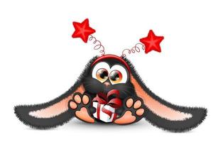 Cute fluffy cartoon black bunny in red star headband and gift box in his paws