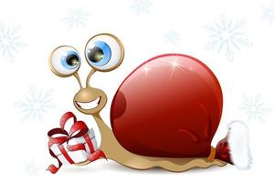 personaje de caracol de navidad de dibujos animados divertidos con cáscara de bolsa de santa y caja de regalo vector