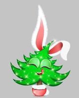 Funny pine tree character with Christmas bunny fluffy ears in a flower pot with bunny tail behind vector