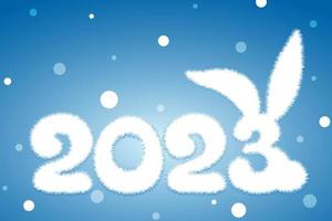 Cute fluffy white cartoon 2023 new year number with Rabbit tail and ears. Chinese new year concept. vector