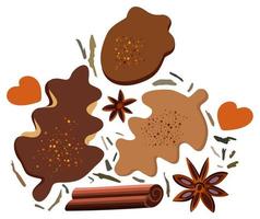 Vector tasty set with cookies, cinnamon, dry leaves and hearts.