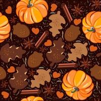 Vector seamless pattern with punpkins, cinnamon, cookies, hearts and dry leaves.