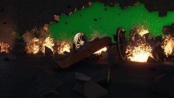In the wake of the city destroyed. Tank on the background of a devastating wall. 3D animation video