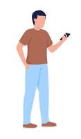 Man holding mobile phone semi flat color vector character. Editable figure. Full body person on white. Online chatting simple cartoon style illustration for web graphic design and animation