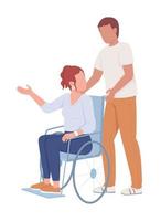 Man supports lady on wheelchair semi flat color vector characters. Editable figures. Full body people on white. Inclusion simple cartoon style illustration for web graphic design and animation