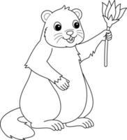 Groundhog Holding Flower Isolated Coloring Page vector