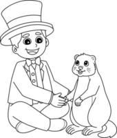 hombre sujetando la marmota aislada página para colorear vector