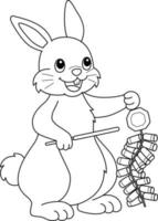 Rabbit Holding Fireworks Isolated Coloring Page vector