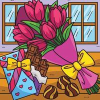 Bouquet of Flowers and Chocolates Colored Cartoon vector