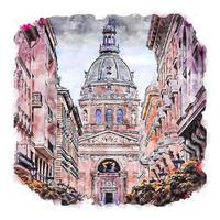 St. Stephen's Basilica of Budapest Hungary Watercolor sketch hand drawn illustration vector
