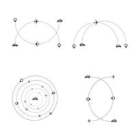 Set of dashed line plane, car, truck and bicycle route with location icon flat design vector