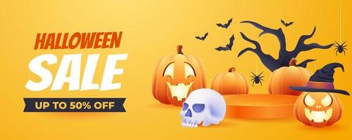 Plantilla de banner de descuento de promoción de súper venta de halloween 3d con podio 3d para venta de productos vector