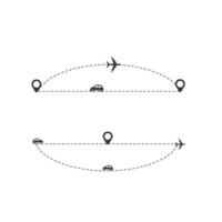 conjunto de ruta de avión, coche, camión y bicicleta de línea discontinua con diseño plano de icono de ubicación vector