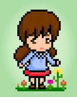 Personaje femenino de 8 bits de píxeles. niña de la escuela de píxeles en ilustraciones vectoriales para activos de juegos o patrones de punto cruzado. vector