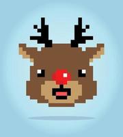 8 bit pixel deer with red nose. Animals for asset games in vector illustrations. Cross Stitch Pattern.