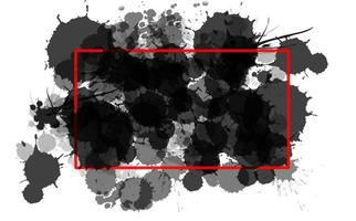 gotas negras de fondo sobre fondo blanco, salpicaduras abstractas de acuarela en blanco y negro y marco rojo foto