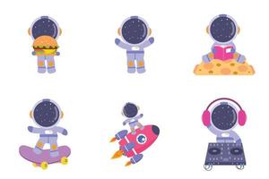 conjunto de presentaciones de astronautas lindos en varias acciones con traje espacial y casco, comer hamburguesas, bailar, leer libros, andar en patineta, conducir cohetes, disc jockey. aislado en fondo blanco vector