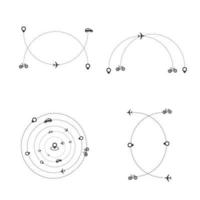 Set of dashed line plane, car, truck and bicycle route with location icon flat design vector