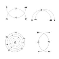 Set of dashed line plane, car, truck and bicycle route with location icon flat design vector