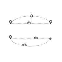 Set of dashed line plane, car, truck and bicycle route with location icon flat design vector