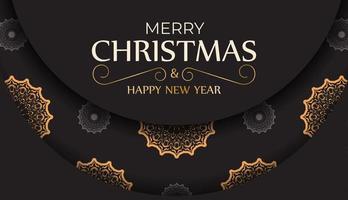 Postcard Merry Christmas and Happy New Year in black color with winter pattern. vector