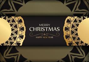 Postcard template Happy New Year and Merry Christmas in black color with gold ornaments. vector