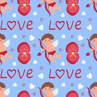 Romantic seamless pattern with cupid, ring in gift box, hearts and word love. Flat vector illustration for Valentine's day, wedding