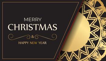 Greeting Card Merry Christmas and Happy New Year in black color with gold ornaments. vector