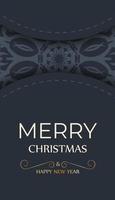 Holiday card Merry Christmas and Happy New Year in dark blue color with vintage blue ornament vector