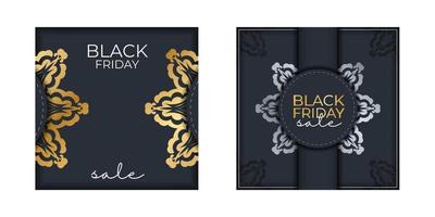 Dark blue black friday sale advertisement template with vintage gold ornament vector