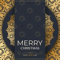 Happy new year flyer template in dark blue color with abstract gold ornament vector