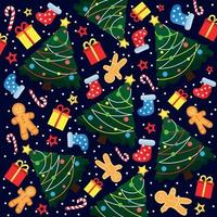 Decorative Christmas Background with Christmas Trees, Gingerbread Man, Christmas Socks and Gifts vector