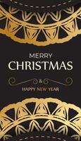 Postcard Happy New Year and Merry Christmas in black with gold pattern. vector