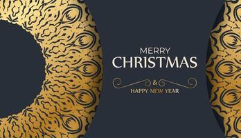 Happy new year flyer template in dark blue color with vintage gold pattern vector