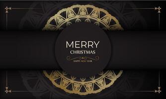 Poster Merry Christmas and Happy New Year in black with gold ornaments. vector