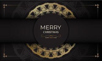 Poster Merry Christmas and Happy New Year in black with gold ornaments. vector