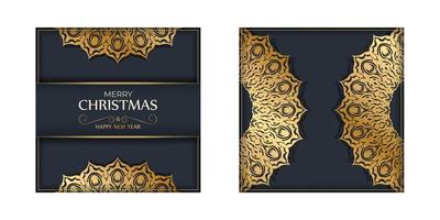 Template greeting card Happy New Year in dark blue color with abstract gold ornament vector