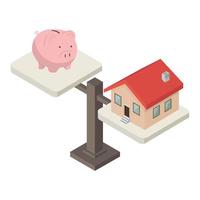 Piggy Bank and house on weighing machine isometric concept vector