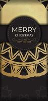 Greeting card Happy New Year and Merry Christmas in black color with gold ornament. vector