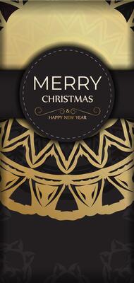 Greeting card Happy New Year and Merry Christmas in black color with gold ornament.