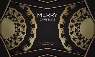 Poster template Happy New Year and Merry Christmas in black color with gold ornaments. vector