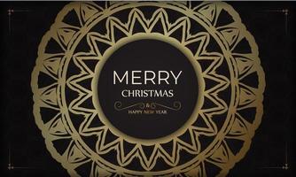 Merry Christmas and Happy New Year poster in black color with gold pattern. vector