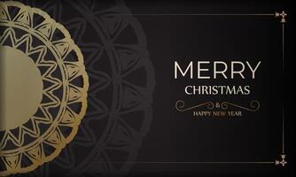 Banner Merry Christmas and Happy New Year in black with gold ornaments. vector